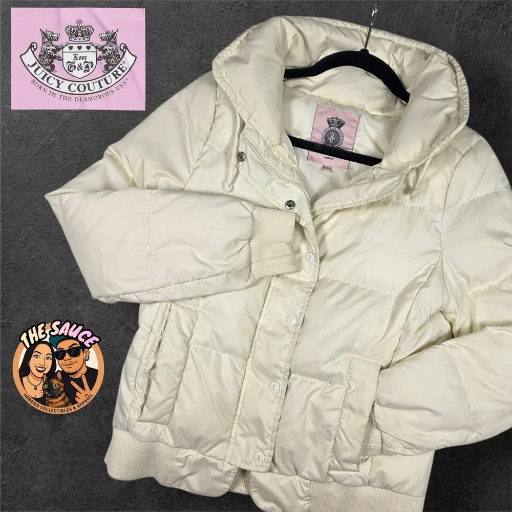 Juicy Couture Puffer Jacket Womens Medium Down Fill Cream Y2K Winter Coat 2000s